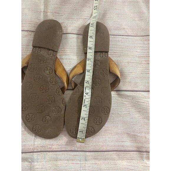 Tory Burch Thora Monogrammed Brown Leather Sandals - 9 - Picture 7 of 11
